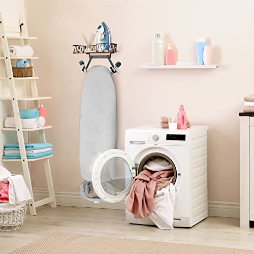TJ.MOREE Ironing Board Hanger Wall Mount - Laundry Room Iron and Ironing Board Holder with Large Storage Wooden Base Basket and Removable Hooks(T&V Shaped)