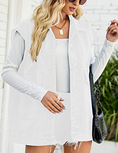 Image of PAODIKUAI Women's Oversized Denim Vest - Sleeveless Distressed Jean Vest with Pockets for Casual Layering