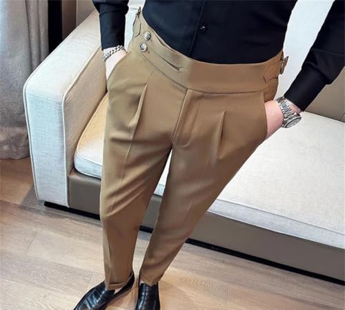 Mens High Waisted Slim Fit Pleated Straight Trousers Formal Business Office Work Suit Pants2