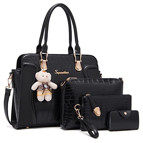 Image of Women's Fashion Handbag Tote Bag Shoulder Top Handle Satchel Purse Set 4pcs | Stylish Style,Chain Texture Design,Ample Space,Bear Doll Decoration,with a Crossbody Strap