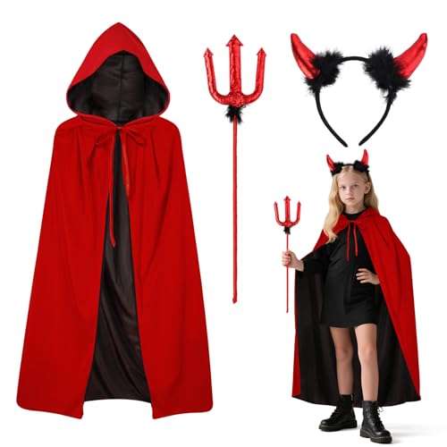PAPU Deguisement Halloween Enfant Diable,Ensemble de Carnaval 90/120 cm,Cape Double Face Cornes et Bâton,Cape Rouge et Noire Demon Deguisement pour Carnaval Costumes Accessoires Diable Fête Cosplay