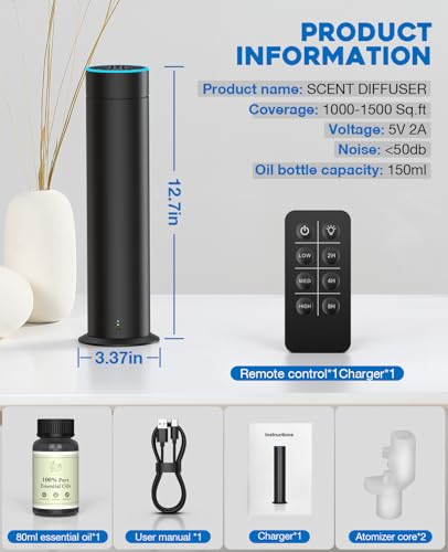 Waterless Scent Diffuser Starter Kit, 150mL Capacity Covers 1000 Sq Ft, Rechargeable Essential Oil Diffuser for Large Room, Home, Office, Hotel Scent Diffuser with 80 ml Scent Oil, 3 Control Modes — view 5