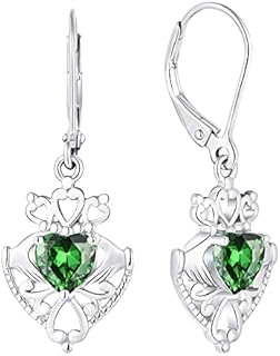 JO WISDOM Women Earrings,925 Sterling Silver Celtic Claddagh Heart Leverback Dangle & Drop Earrings with 3A 6 * 6MM Heart Zirconia