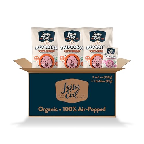 LesserEvil White Cheddar Flavor and Himalayan Pink Salt Organic Popcorn, Amazon Exclusive, Premium Quality, Minimally Processed, (3) 4.6oz White Cheddar Flavor Bags and (1) 50 Cal Himalayan Pink Salt