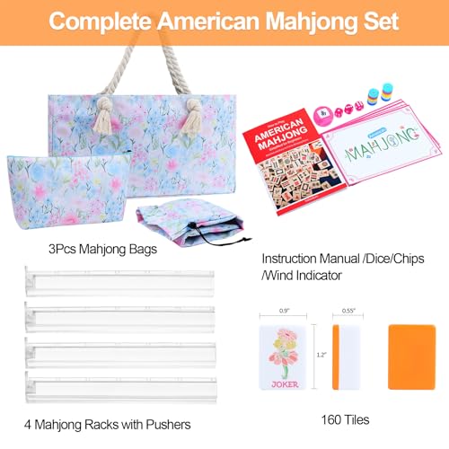 Image of 2026 American Mahjong Set Complete with Blue Carrying Bag, 160 Orange Mahjong Tiles, 4 All-in-One Transparent Mahjong Racks with Pushers, Majiang Tile Set