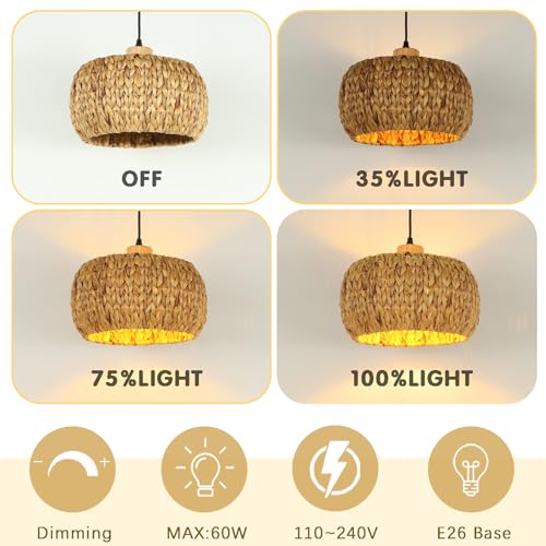 Mgcanyu Boho Pendant Lights Kitchen Island, 11.8" Bohemian Rattan Hand-Woven Light Fixture Natural Seagrass Weaving Lighting Hanging Ceiling Chandelier for Restaurants Living Dining Room Farmhouse - Image 7