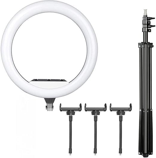 Ringh Light Anello di Luce Led 18" 43cm, 38W da 3200K a 6000K dimmerabile con triplo supporto per smartphone, Treppiede incluso 210cm, per fotografie bellezza, tiktok youtube telecomando incluso