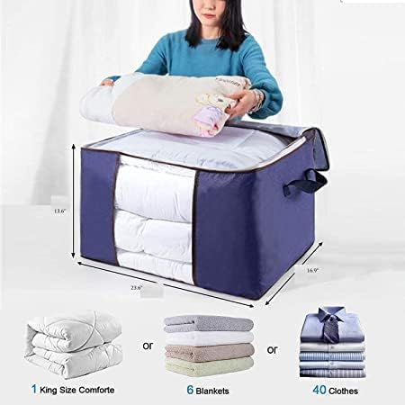 Set of 3 Pieces Foldable Underbed Clothes Storage Bag | Cover/Cloth Storage/Closet Organizer with Transparent Window |59.9 x 42.9 x 35.1 (Blue)
