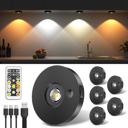 Feliigo USB Aufladbar LED Spots Akku, Schrankbeleuchtung Kabellos mit Fernbedienung, 3 Farbtemperaturen, Vitrinenbeleuchtung LED mit Timing Funktion, Geeignet für Küche, Vitrine, Schrank (6er Pack)