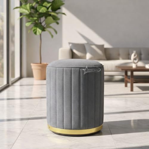Image of Upholstered Round Linen Strip Stool Living Room Foot Rest Office Stool Pouf Ottoman Padded Seat - Grey
