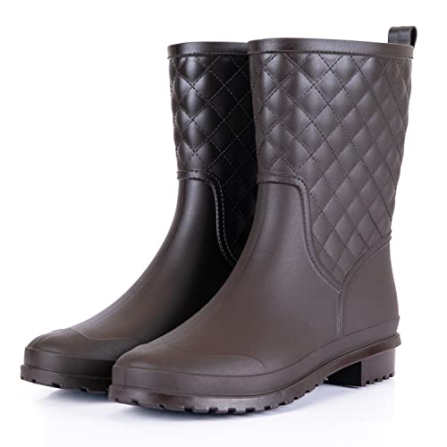 Petrass Women Rain Boots Black Waterproof Mid Calf Lightweight Cute Booties Fashion Out Work Comfortable Garden Shoes, Brown 8