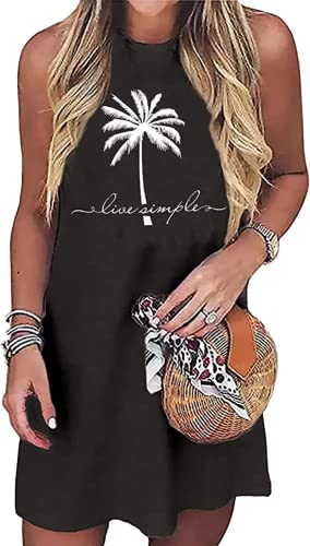 Image of Sun Salt Sand Coconut Tree Tank Mini Dress for Women Casual Loose Sleeveless Beach Praty Shirts Summer Vacation Short Dress