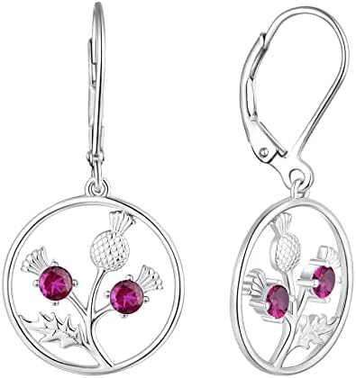 JO WISDOM Scottish Thistle Earrings,925 Sterling Silver Scotland Flower Outlander Drop & Dangle Earrings with 3A CZ Birthstone,Jewelry for Women