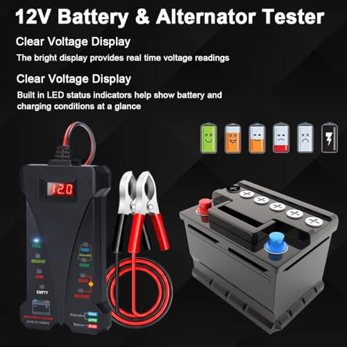Image of STHIRA 12V Digital Car Alternator Battery Tester LED Display Status Indicators Alligator Clips Reverse Polarity Protection Quick Diagnostics for Cars Motorcycles Boats Battery Voltage Meter