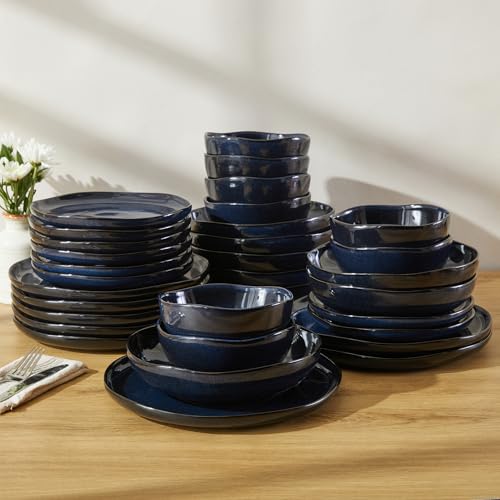 Image of Pokini 32 Piece Starry Blue Dinnerware Set with Pasta Bowls, Coastal Reactive Glaze Stoneware for 8 | Complete Serving Set for Holiday Meals, Multi‑Dish Hosting & Family Celebrations