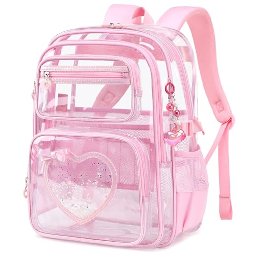ASKSKY Clear Backpack for School Girls Cute Heavy Duty PVC Transparent Bookbag See-Through Bag for Stadium Event Pink