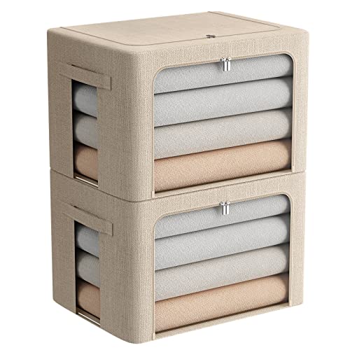 Image of FHSQX 2 Pack Clear Window Storage Bins - Large Stackable Linen Fabric Storage for Clothes Foldable Container Organizer Set with Carrying Handles (Beige, 19.7x 15.7x 12.6 Inch)