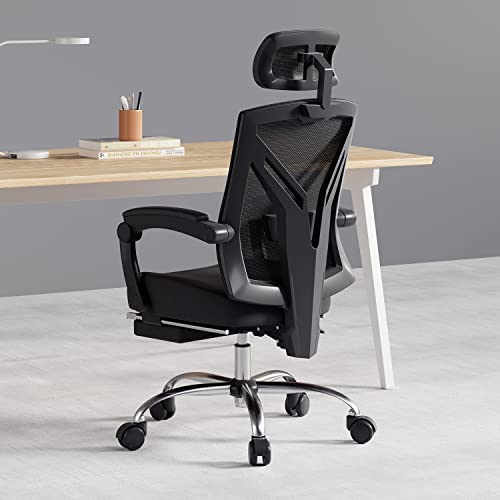 Hbada Ergonomic Office Chair High Back Desk Chair Recliner Chair With Lumbar Support Height Adjustable Seat, Headrest- Breathable Mesh Back Soft Foam Seat Cushion With Footrest, Black #TOP7