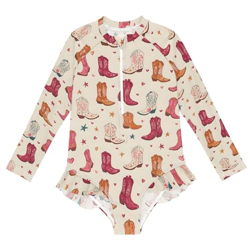 Beautiful Cowboy Boots Girls Long Sleeve Swimsuit Rash Guard One Piece Bathing Suits Zipper 3-12T
