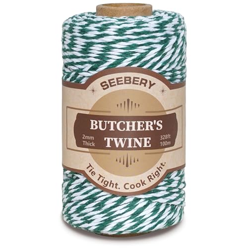 Green and White Butchers Twine – 328Ft 2mm Food Safe Cotton Cooking Twine String for Trussing Turkey, Roasting, Baking, Tying Meat, Pumpkin Bread, Kitchen Use, Christmas Decorations and Gift Wrapping
