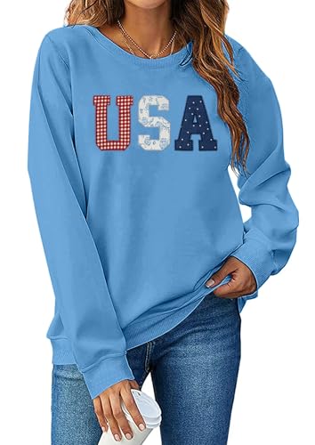Image of LAZYCHILD USA Sweatshirt Women American Flag Shirt Patriotic TShirt Stars Stripes Pullover 4th of July Tee Tops