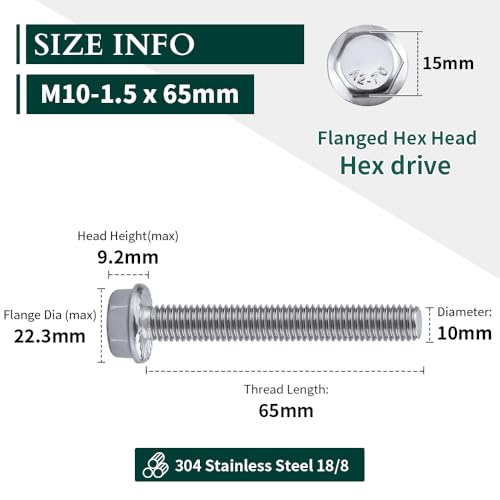 Image of M10-1.5 x 65mm Hex Flange Bolt (2.56 inch Thread Length), DIN6921, Serrated Locking Flange, 304 Stainless Steel, UNC Full Thread, 8-Pack
