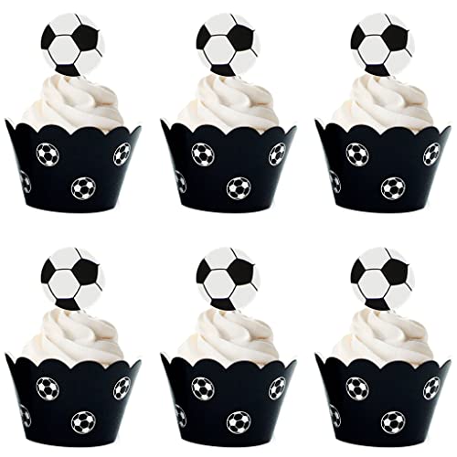 Kawailay 48 PCS Soccer Cupcake Toppers and Wrappers Sport Theme Birthday Party Cupcake Picks Soccer Cupcake Toppers Muffin Cases Wrapping Paper Cake Decor for Sports Party Kids Birthday Party