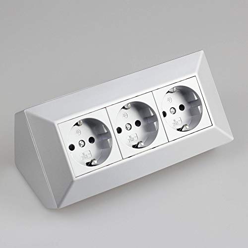 Steckdose Silber für Küche und Büro - Ecksteckdose aus hochwertigem Kunststoff ideal für Arbeitsplatte, Tischsteckdose oder Unterbausteckdose mit 3-fach Steckdosenelement Küchensteckdose Cover