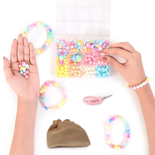 Image of ambitieux 12-Partition Kit for Kids & Girls | 400+ Pastel 8mm & Designer Shape Beads | Bracelet & Jewellery Making Kit with Elastic Thread & 8 Cute Charms | DIY Craft Box for Gifts