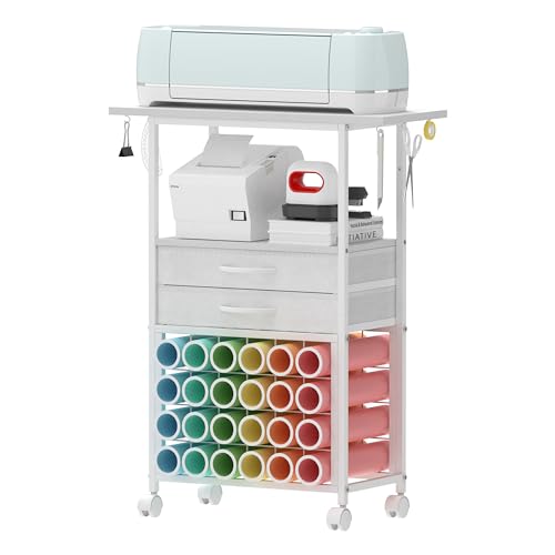 VENNQD Organizer and Storage Stand Compatible with Cricut Machines Rolling Storage Cart/Shelf with 24 Vinyl Roll Holders2 Fabric Drawer Accessories Holder Tool Hook for Craft Room Home (white)