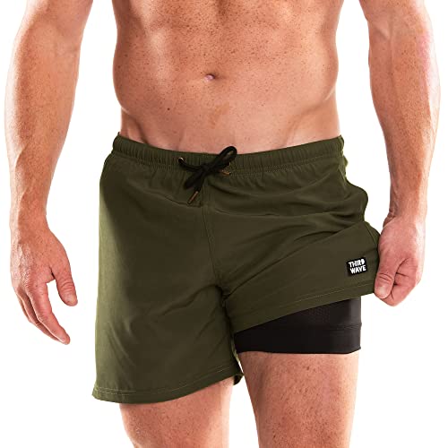 Third Wave Swim Trunks with Compression Liner - Men's Premium 5 Inch Inseam Quick Dry Swim Shorts for Beach and Swimming