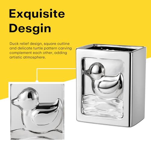 Image of Duck Trash Can, Ceramic Waste Basket Modern Small Garbage Can for Kitchen, Bathroom, Bedroom, Office, Storage Bin with Embossed Duck Decor (Silver-7L /1.85Gallon)