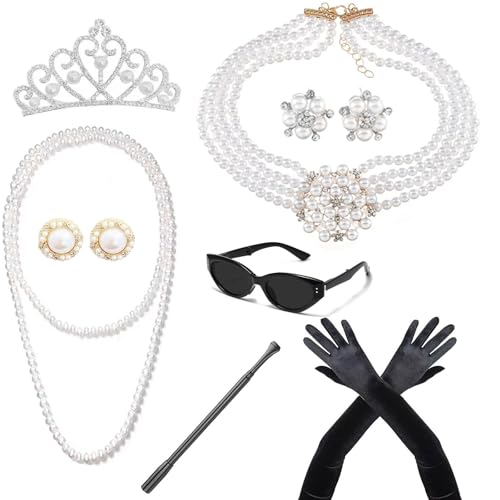 VZqola 8pcs 1920 Accessories Hepburn Costume Holly Costume Roaring 20s Accessories for Women Halloween Costume Pearl Necklace Earrings Gloves Sunglasses Flapper Party Cosplay Jewlery Set