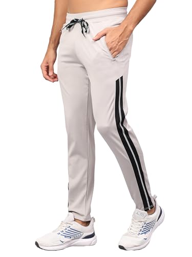 Image of Men 4 Way Lycra Bottom Contrast Striped Gym, Yoga & Sports Wear Stretchable Dri Fit Track Pant with Zipper Pockets Light Grey Medium