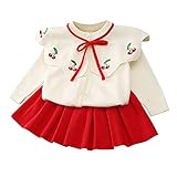 Toddler Kids Baby Girls Knit Sweater Dress Ruffle Long Sleeve Cherry Print Sweater Top + Tutu Skirt Princess Casual Birthday Party Dresses Fall Winter Outfit Clothes 2PCS Set Red Cherry 3-4 Years