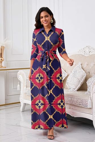Image of Rumwind Maxi Dresses for Women, 3 /4 Sleeve Shirt Collar Casual Afircan Print Church Dress Button Down with Belt and Pockets
