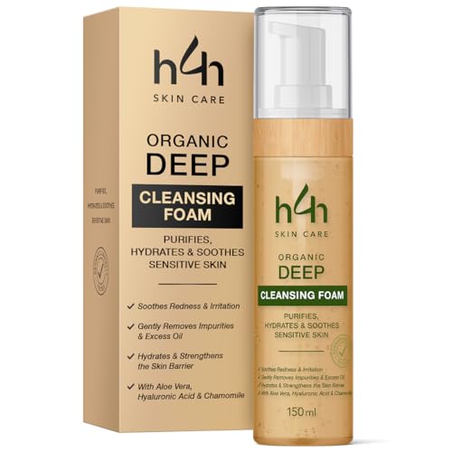 Espuma limpiadora facial orgánica – Limpieza facial suave para pieles sensibles – Con aloe vera, ácido hialurónico y manzanilla – Limpiador de espuma hidratante – Vegano y sin perfume – 150 ml