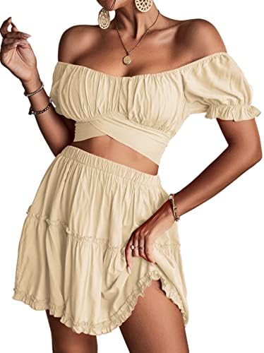 LYANER Women's 2 Piece Outfits Off Shoulder Tie Up Back Crop Top and Mini Skirt Set Beige Medium