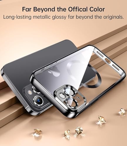 Image of VONZEE Electroplating Transparent Clear Logo Back Cover TPU for iPhone 15 Case with Magsafe, Full Body & Individual Camera Protection for Each Lens for Men & Women (Black)
