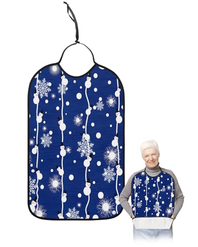 Blue Christmas Adult Bib for Adults Men, Women, Washable & Adjustable Terry Cloth Bib with Crumb Catcher Reusable Waterproof Clothing Clothes Protector Apron Winter Fantasy Snowflake Snowman