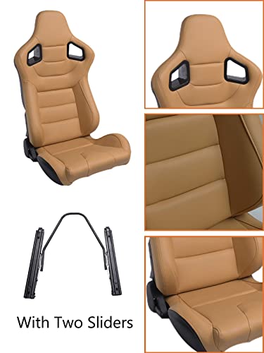 2Pcs Racing Seats, Universal Pvc Leather Bucket Seats Sport Pair Adjustable Seats With Sliders (Black & Beige/Tan Brown) #TOP3