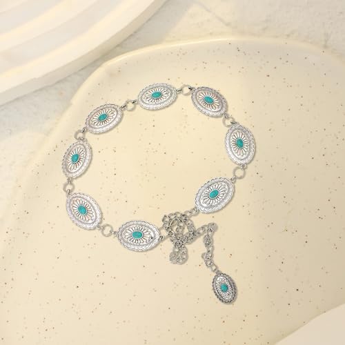 1 Pcs Western Turquoise Belts for Women,Adjustable Green Oval Round Flower Turquoise Belt,Boho Style Waist Chain Western Metal Belts for Woman,Cowgirl Chain Belt Using on Dresses and Jeans4