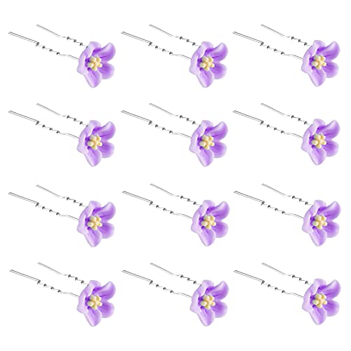 QIUTIMIY 12 Pack(Purple) Lily Flower Hair Pins for Bridal Wedding Women Hair Jewelry Accessories, with Clear Container