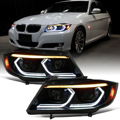 Ronnin - Fits 2006-2011 BMW 3-Series 325i 328i 330i E90 E91 Upgraded Dual Projector Halogen Headlights LED Sequential Turn Signals + Animated Startup Pair | Black Smoke