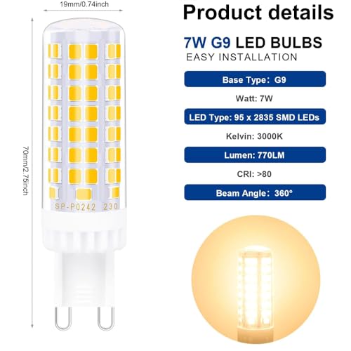WULUN G9 LED Bulb, No Flicker 7W Equivalent to 60W Halogen Bulbs, 650LM, Warm White(3000K), 95pcs SMD LEDs - Image 2