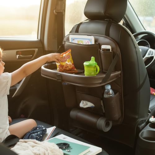 Image of Premium PU Leather Auto Car Back-Seat Organizer with Tray, Multi-pocket Storage, Tablet Holder, Bottle and Tissue Paper Holder, Mobile Holder and Tray for food