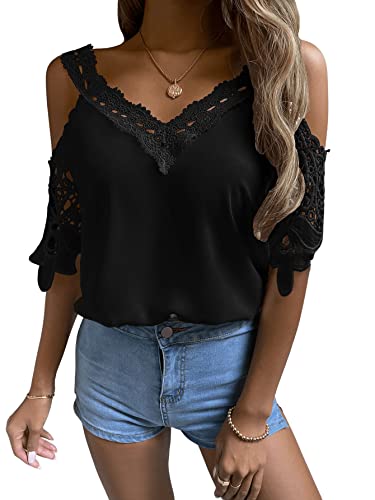 SheIn Damen Cold Scholder Blusen Spitze Ärmel T-Shirts Kurzarm V...