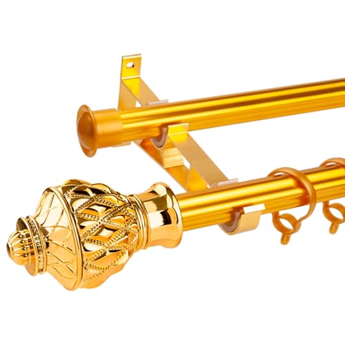 Barra de cortina doble para ventanas, barra de cortina de metal resistente de 28 mm, aluminio dorado, 260 cm, accesorios decorativos ajustables para cortinas