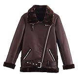 Chaqueta de cuero sintético con forro de borrego para mujer, con cremallera, parka de forro grueso, abrigo de invierno de piel de borrego con bolsillos, rojo vino, XL