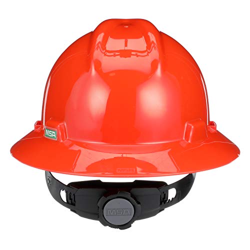 MSA 496075 V-Gard Full-Brim Hard Hat With Fas-Trac III Ratchet Suspension | Polyethylene Shell, Superior Impact Protection, Self Adjusting Crown Straps - Standard Size in Orange